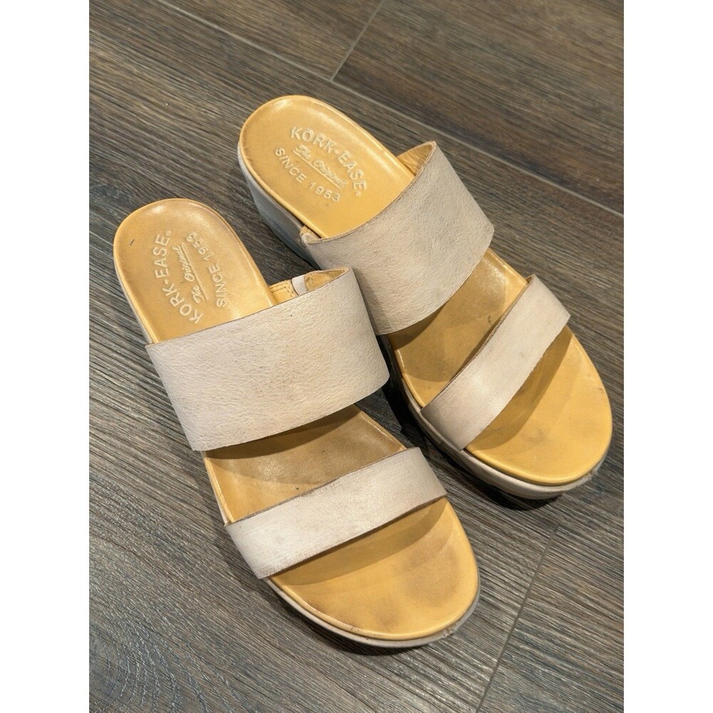 Kork-Ease Womens Ava Leather Platform Wedge Slide Sandals Off White Tan Size 8M